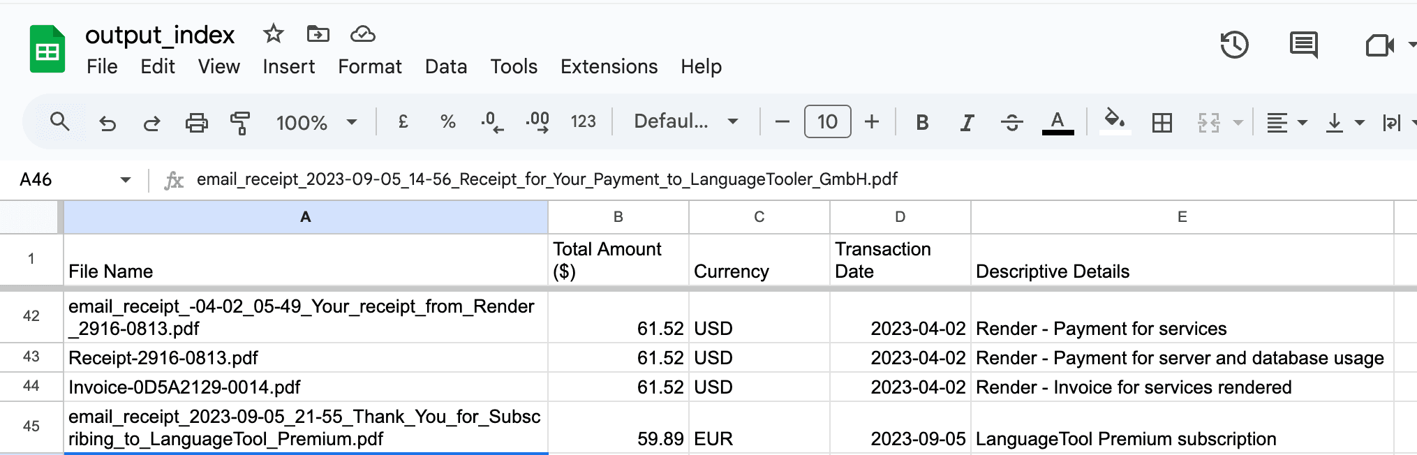 Google Sheets Example