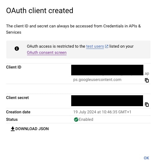 Client ID and Client Secret modal